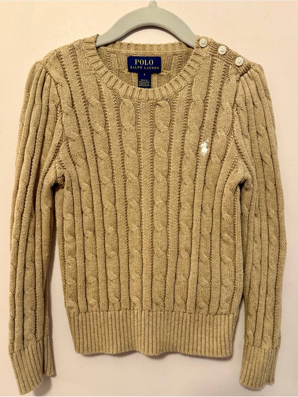 Ralph Lauren Tan Cable-Knit Crewneck Sweater with Shoulder Buttons
